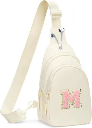 Small Initial Crossbody Sling Bag for Girls and Women, Cute Kids Fanny Pack, Personalized Gift for 7 8 9 10 11 12 13 Year Old Girls(Beige,M)