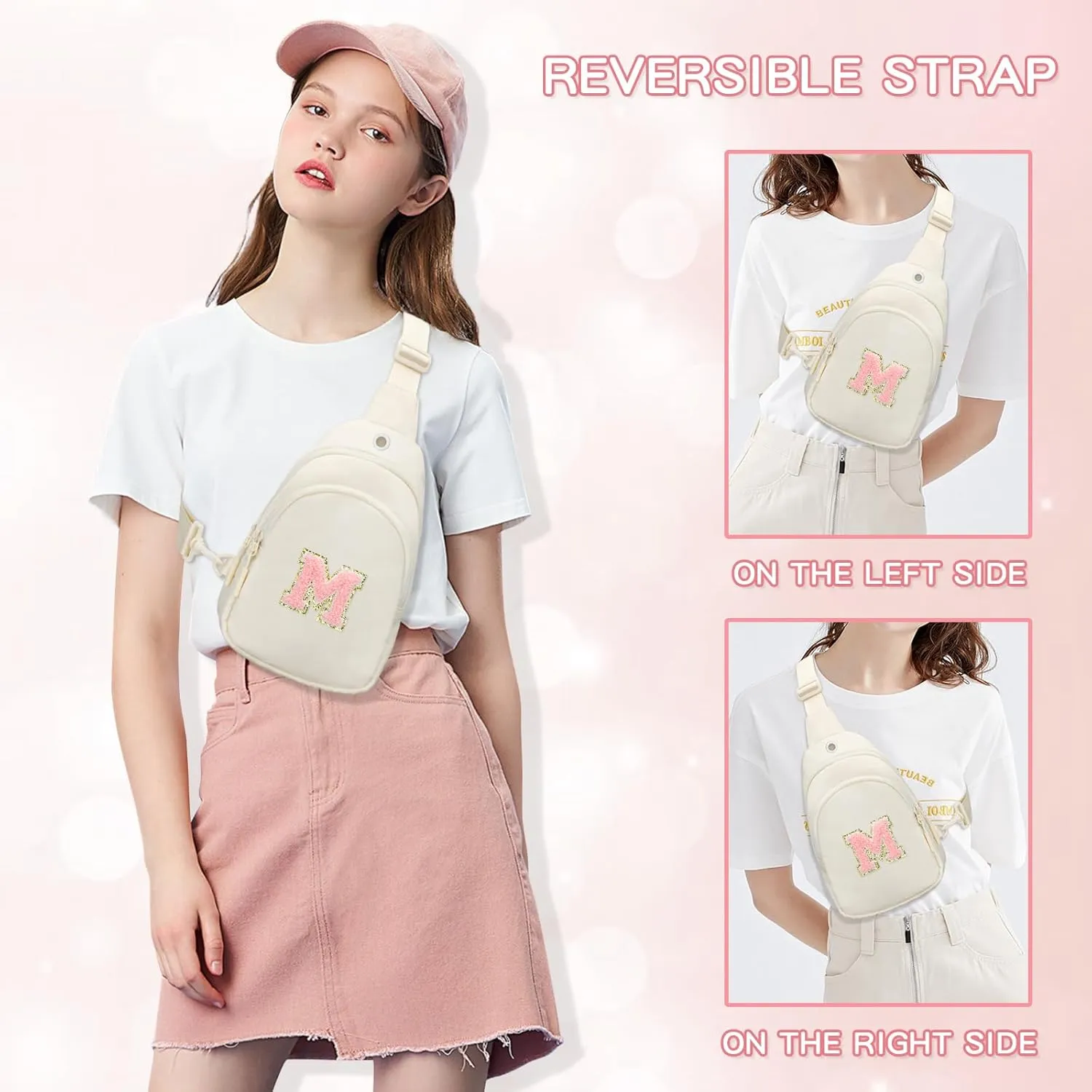 Small Initial Crossbody Sling Bag for Girls and Women, Cute Kids Fanny Pack, Personalized Gift for 7 8 9 10 11 12 13 Year Old Girls(Beige,M)