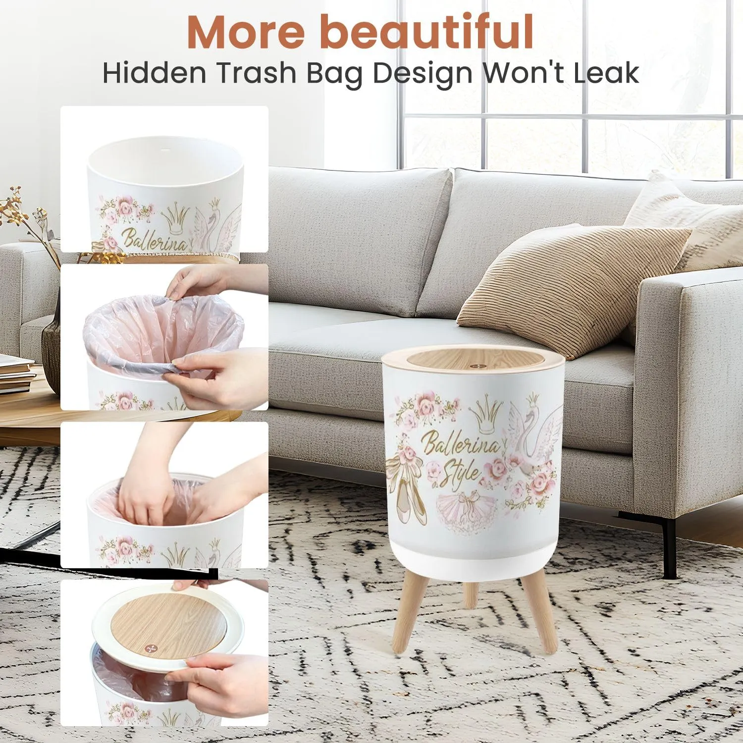 Small Trash Can with Lid Ballet Cute Print Ballerina Crown Princess swan Pointe Shoes 1.8 Gallon Dog Proof Trash Can Round Garbage Can Waste Bin Wastebasket for Bathroom Bedroom Kitchen
