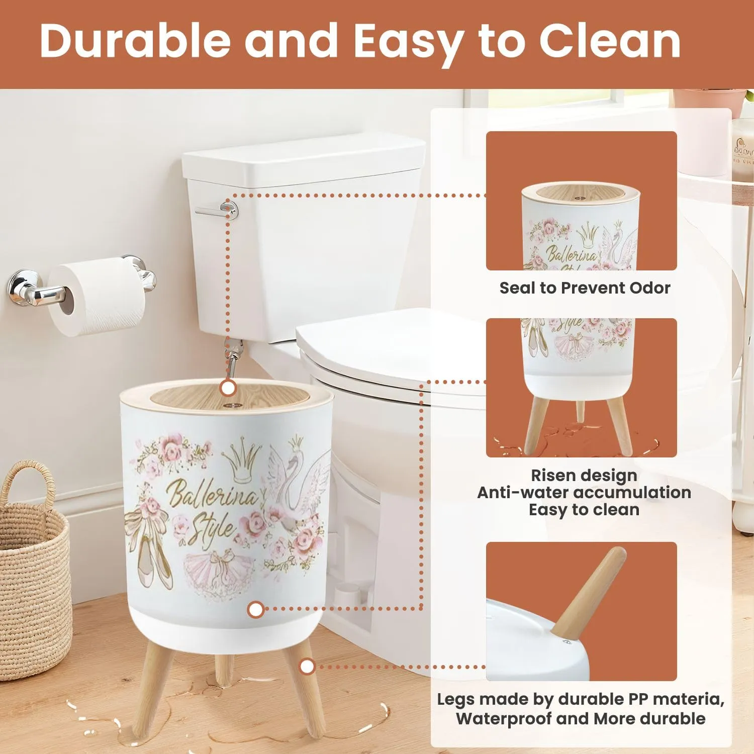 Small Trash Can with Lid Ballet Cute Print Ballerina Crown Princess swan Pointe Shoes 1.8 Gallon Dog Proof Trash Can Round Garbage Can Waste Bin Wastebasket for Bathroom Bedroom Kitchen