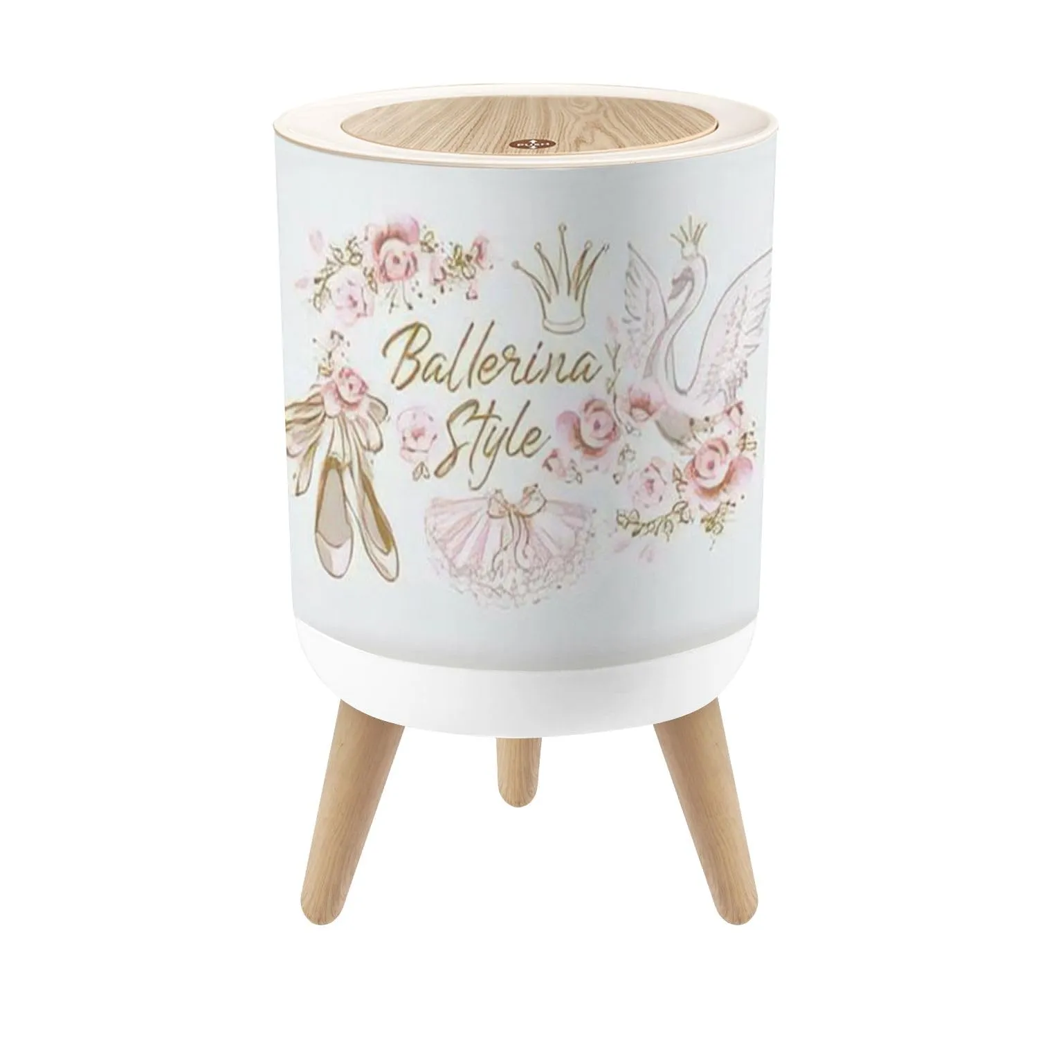 Small Trash Can with Lid Ballet Cute Print Ballerina Crown Princess swan Pointe Shoes 1.8 Gallon Dog Proof Trash Can Round Garbage Can Waste Bin Wastebasket for Bathroom Bedroom Kitchen