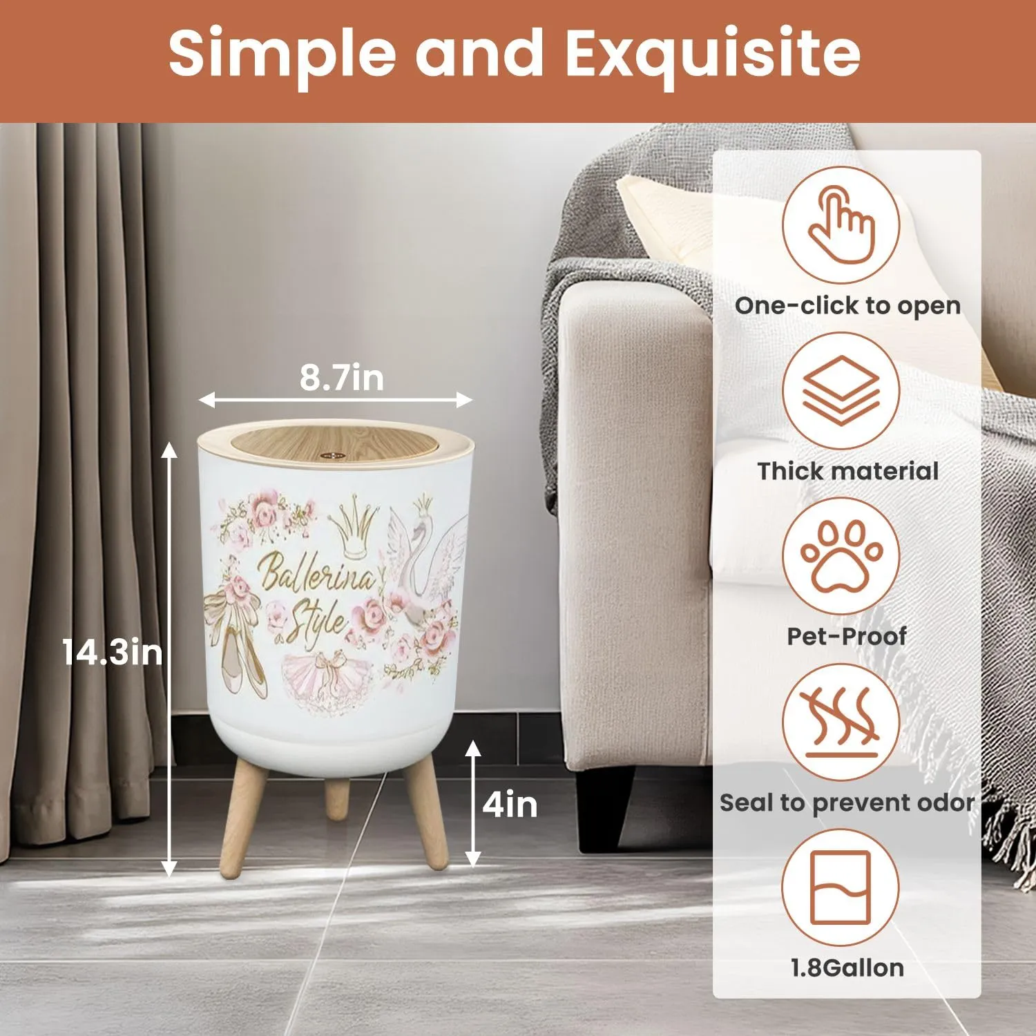 Small Trash Can with Lid Ballet Cute Print Ballerina Crown Princess swan Pointe Shoes 1.8 Gallon Dog Proof Trash Can Round Garbage Can Waste Bin Wastebasket for Bathroom Bedroom Kitchen