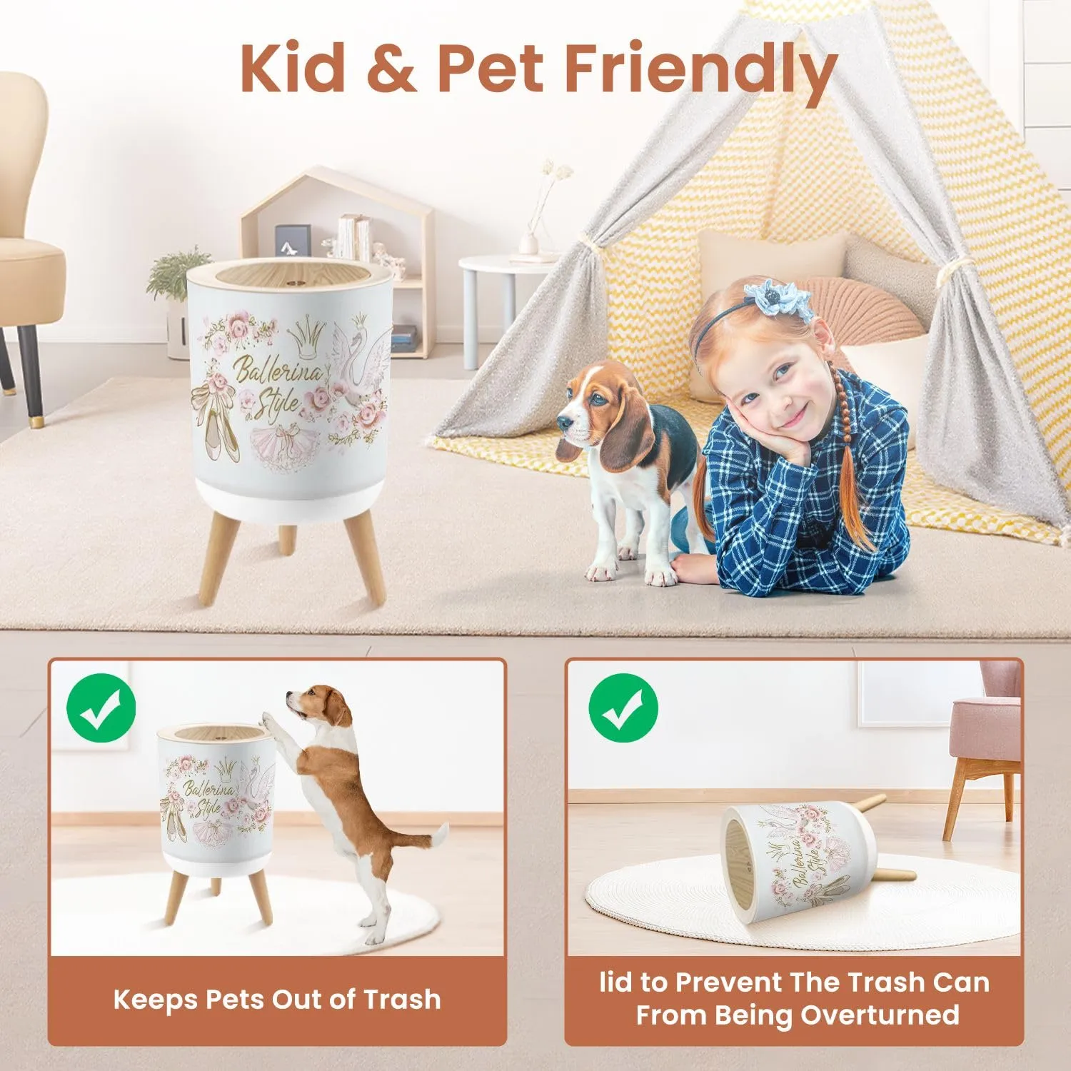 Small Trash Can with Lid Ballet Cute Print Ballerina Crown Princess swan Pointe Shoes 1.8 Gallon Dog Proof Trash Can Round Garbage Can Waste Bin Wastebasket for Bathroom Bedroom Kitchen