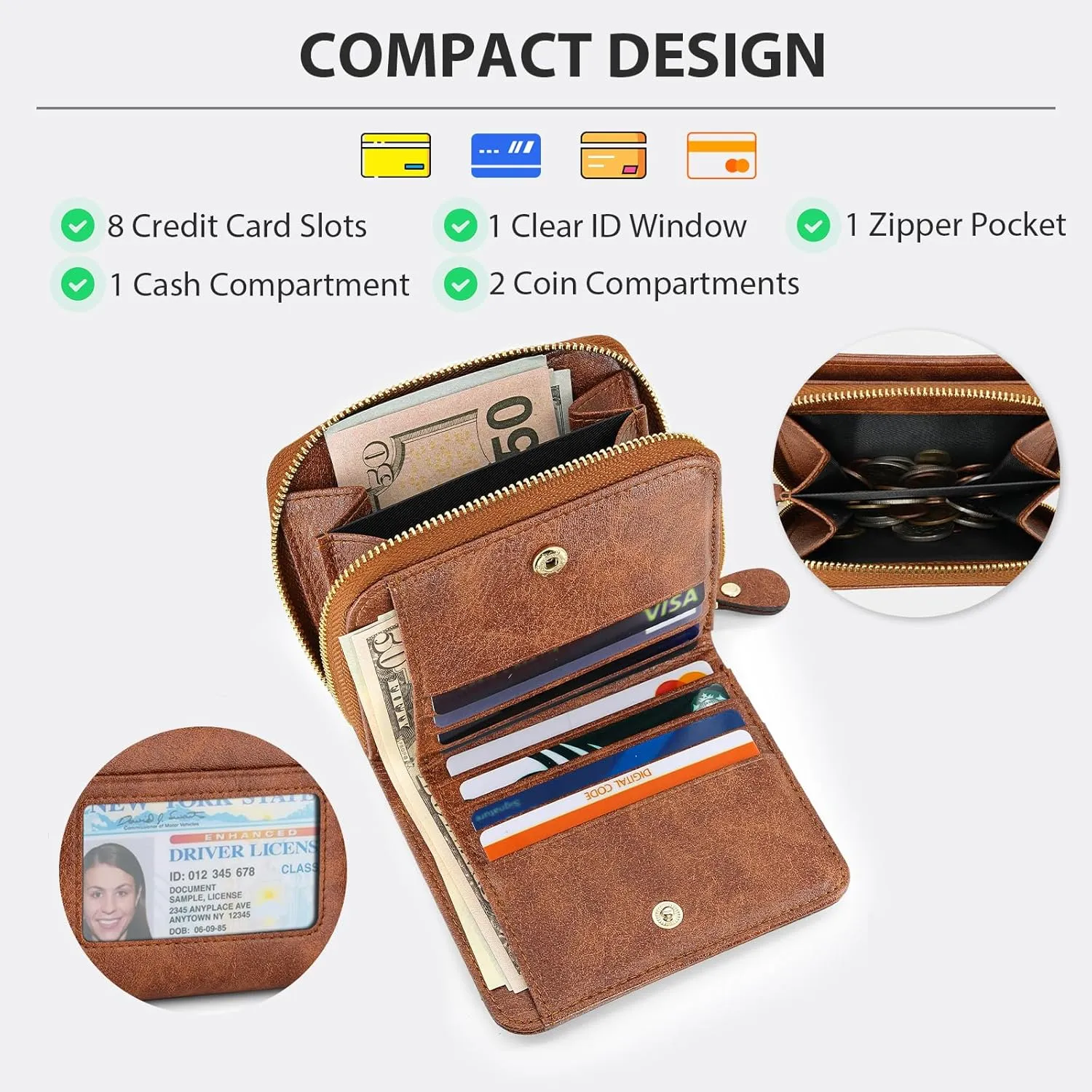 Small Wallet for Women, Genuine Leather RFID Blocking Credit Card Holder Slim Compact Coin Purse Women's Wallets with ID Window 8 Card Slots