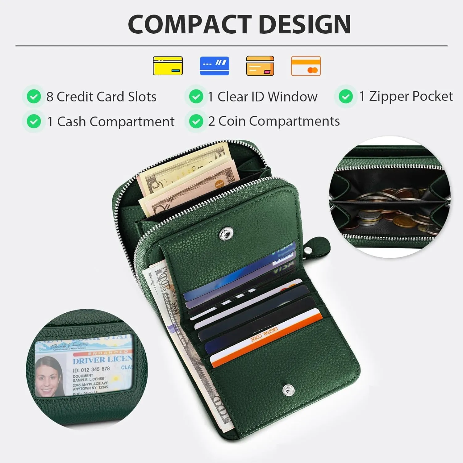 Small Wallet for Women, Genuine Leather RFID Blocking Credit Card Holder Slim Compact Coin Purse Women's Wallets with ID Window 8 Card Slots