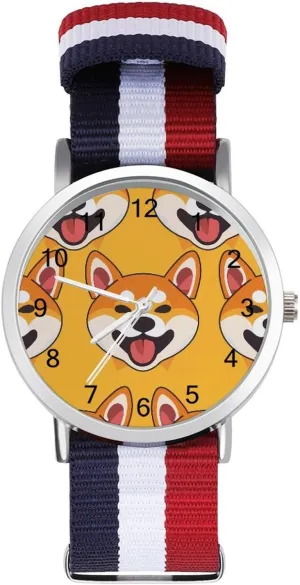 Smiling Shiba Inu Cute Dog Unisex Watch Lightweight Breathable Woven Nylon Wrist Strap Watch with Metal Buckle