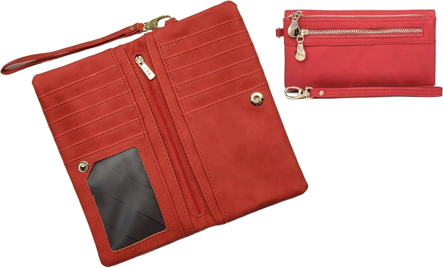 Soft Leather Long Wallet Wristlet with hand Strap Clutch Bag for Women Card holder Phone Bag (Red)