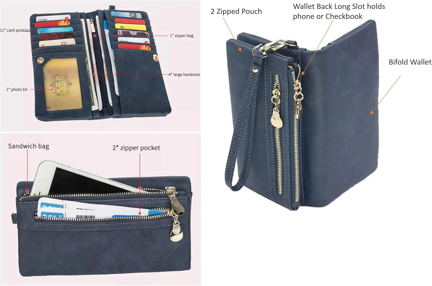 Soft Leather Long Wallet Wristlet with hand Strap Clutch Bag for Women Card holder Phone Bag (Red)