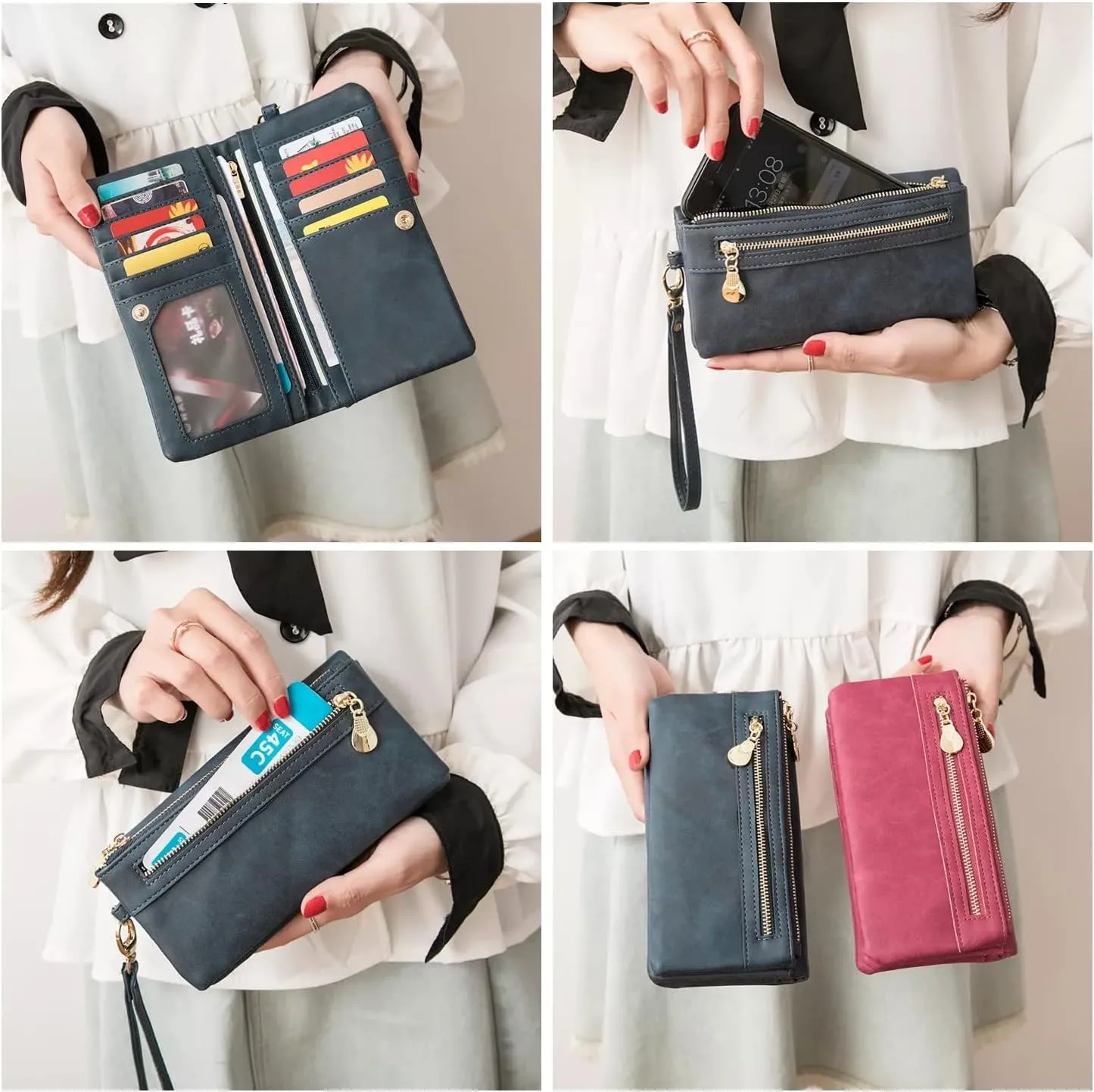 Soft Leather Long Wallet Wristlet with hand Strap Clutch Bag for Women Card holder Phone Bag (Red)