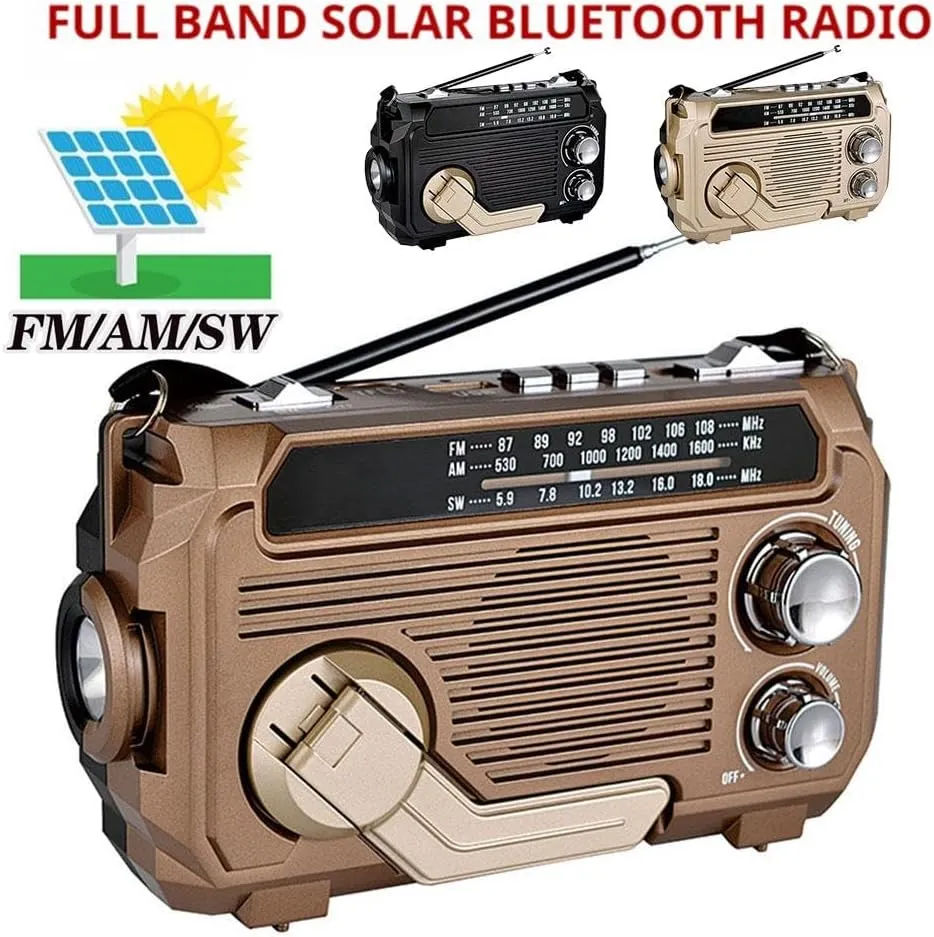 Solar Hand Crank Emergency Radio with Waterproof Bluetooth Speaker, with AM FM SW Portable Solar Powered Radio, Wind Up Flashlight Phone Charger, for Indoor/Outdoor Emergencies Survival (Desert)