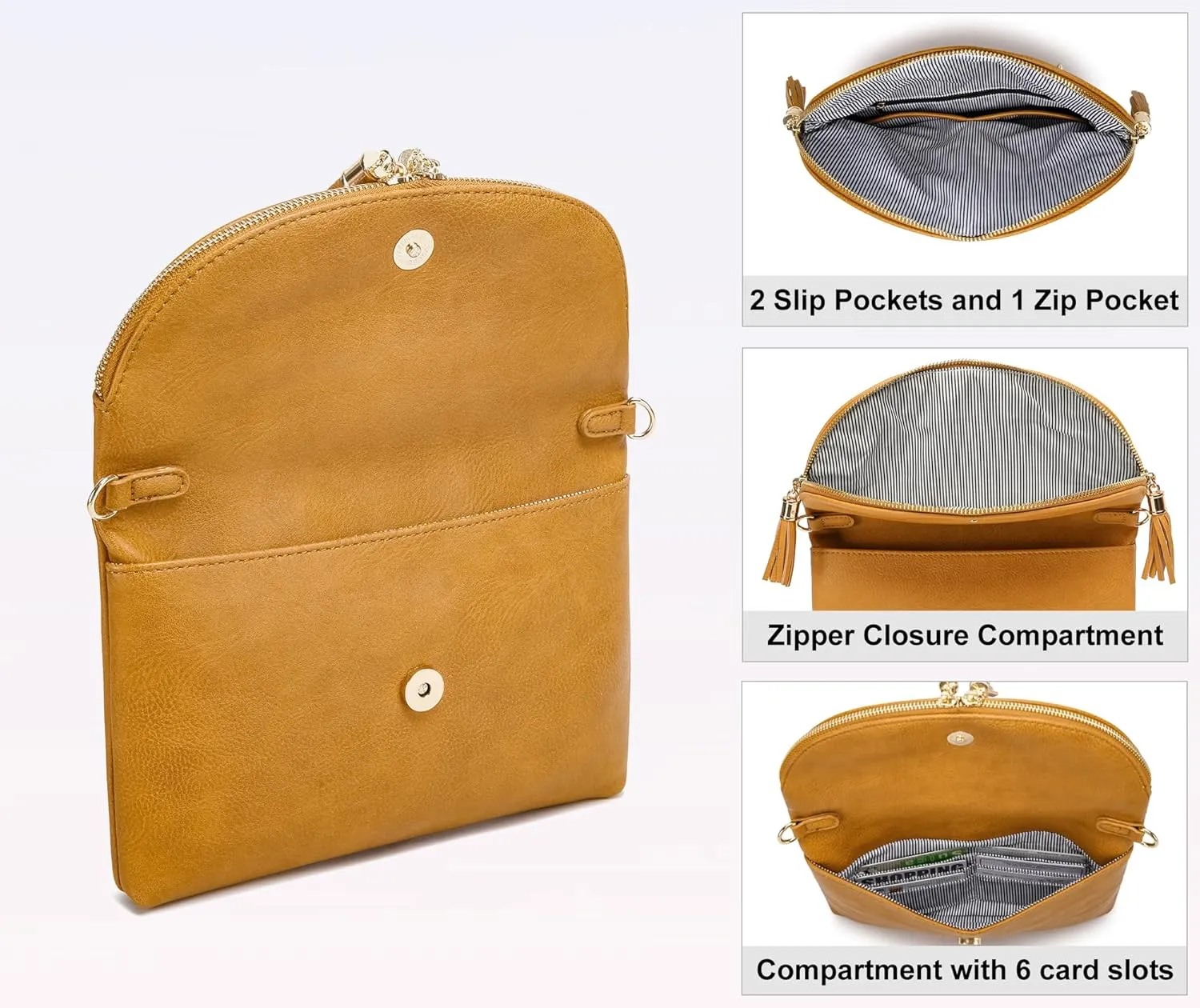 Solene Womens Envelop Clutch Purse Multi Compartments, 6 Card Slot Inside, Crossbody Bag With Tassels