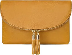 Solene Womens Envelop Clutch Purse Multi Compartments, 6 Card Slot Inside, Crossbody Bag With Tassels
