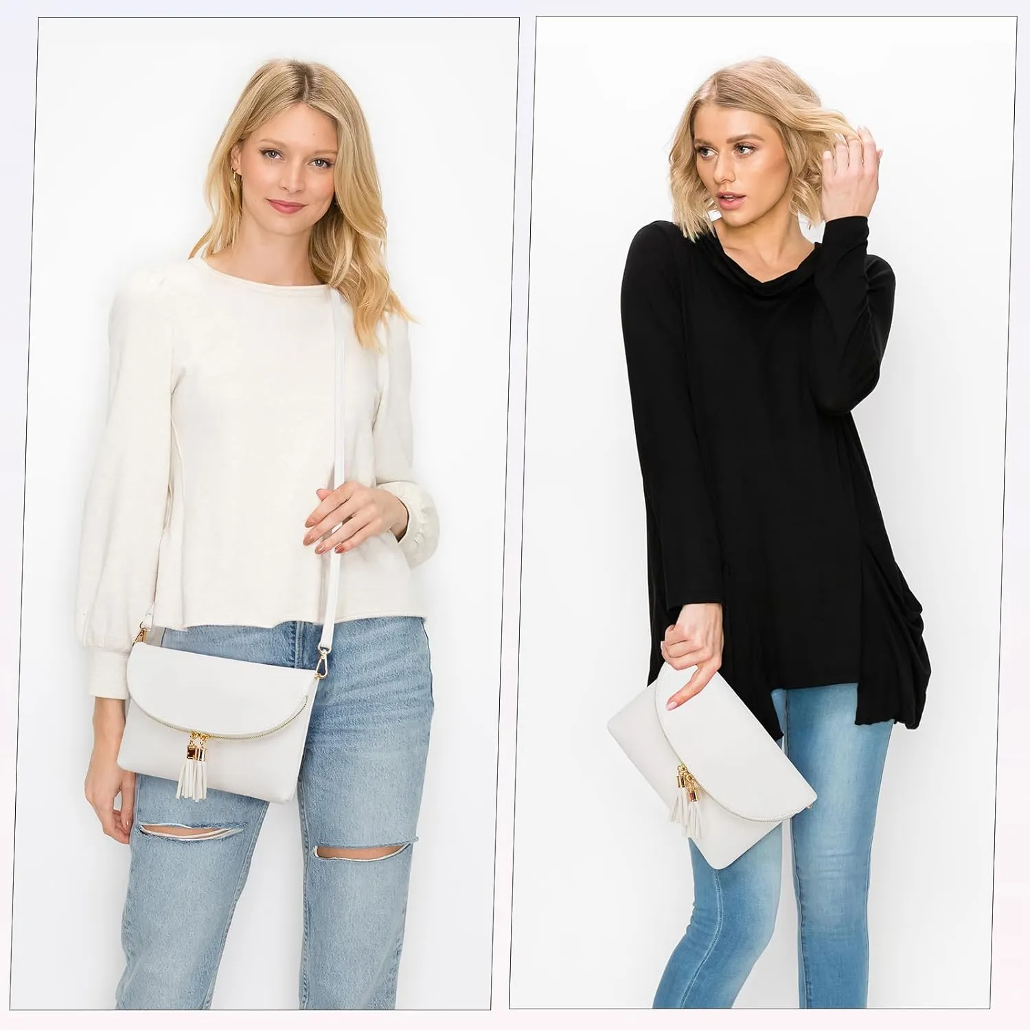 Solene Womens Envelop Clutch Purse Multi Compartments, 6 Card Slot Inside, Crossbody Bag With Tassels