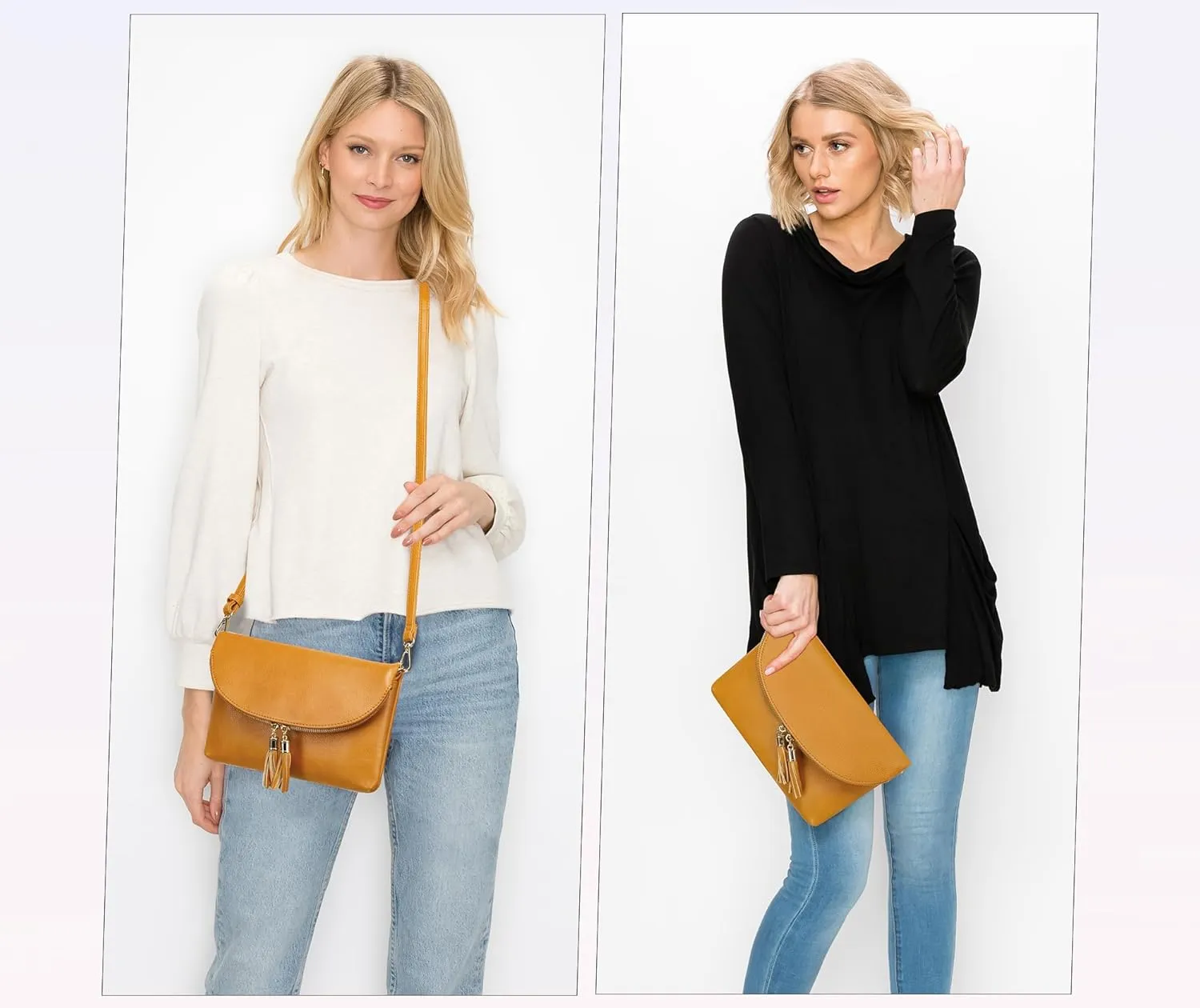 Solene Womens Envelop Clutch Purse Multi Compartments, 6 Card Slot Inside, Crossbody Bag With Tassels
