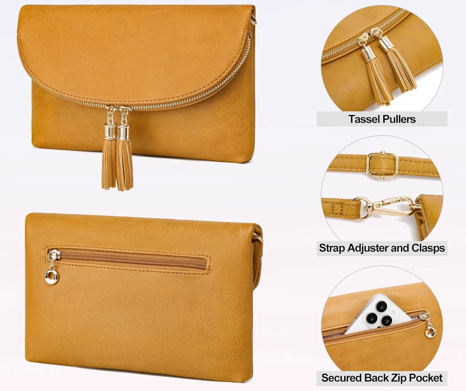 Solene Womens Envelop Clutch Purse Multi Compartments, 6 Card Slot Inside, Crossbody Bag With Tassels