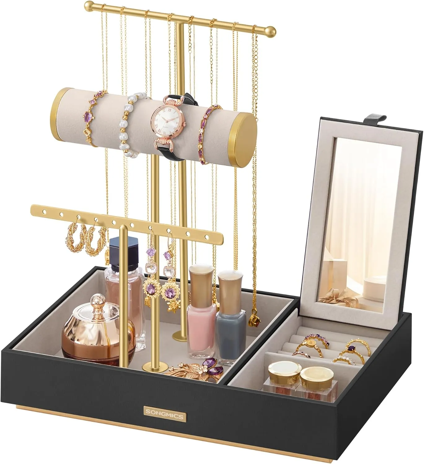 SONGMICS Jewelry Holder, Jewelry Organizer, Jewelry Display Stand, Metal Earring Organizer with Mirror, with Necklace Earring Bracelet Holder, for Rings, Gift Idea, Black and Gold UJJS022B01V1