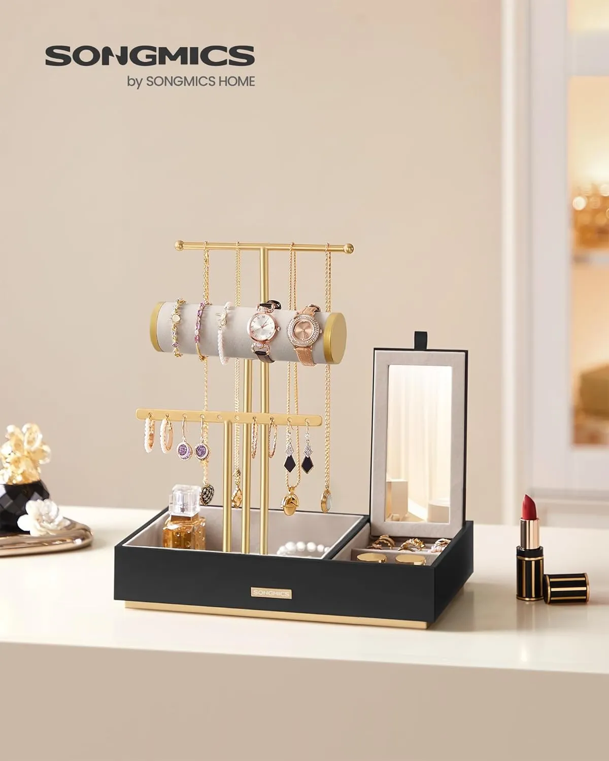 SONGMICS Jewelry Holder, Jewelry Organizer, Jewelry Display Stand, Metal Earring Organizer with Mirror, with Necklace Earring Bracelet Holder, for Rings, Gift Idea, Black and Gold UJJS022B01V1