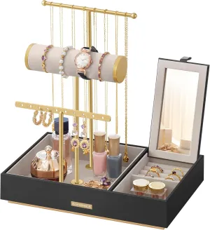 SONGMICS Jewelry Holder, Jewelry Organizer, Jewelry Display Stand, Metal Earring Organizer with Mirror, with Necklace Earring Bracelet Holder, for Rings, Gift Idea, Black and Gold UJJS022B01V1