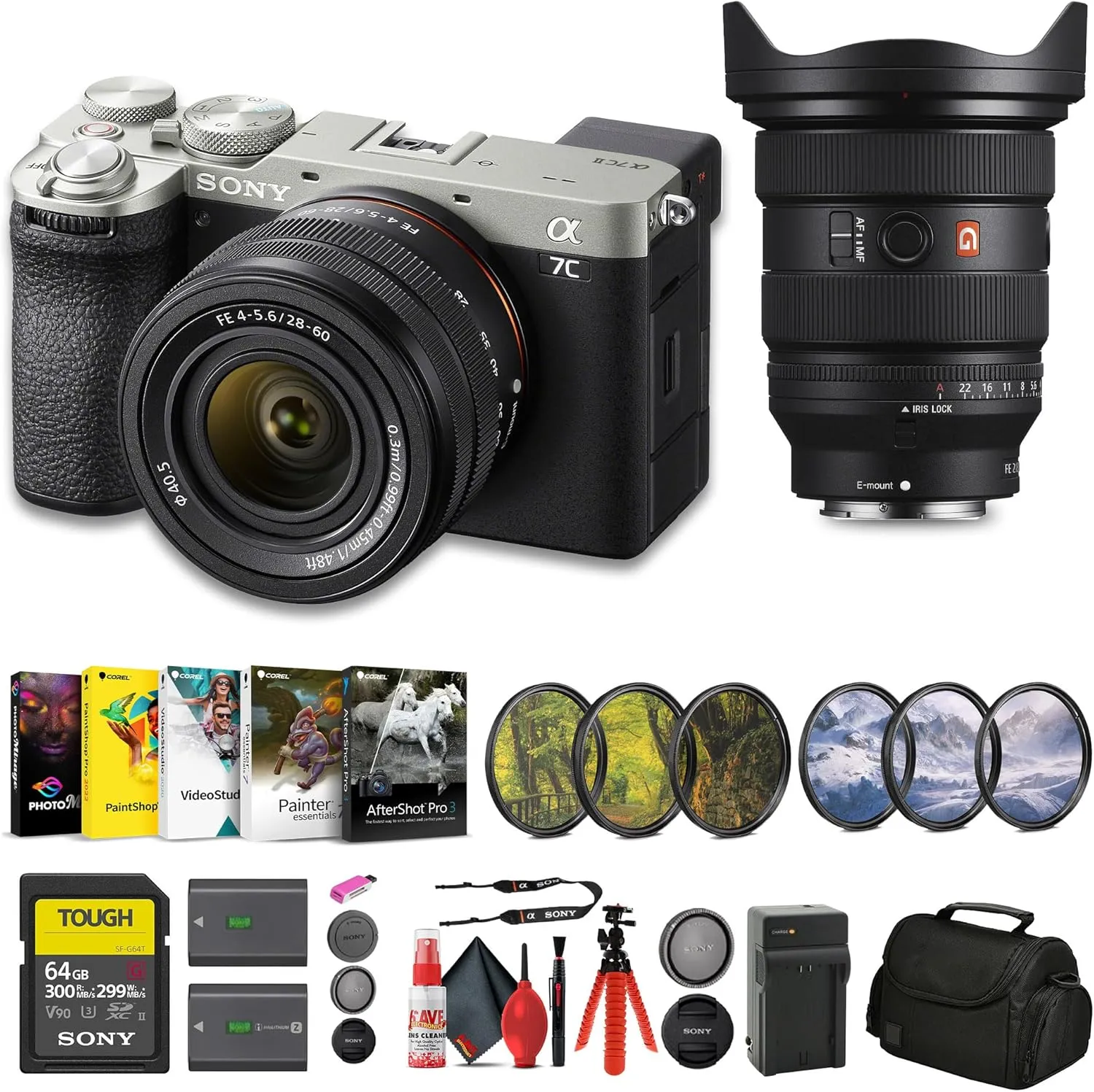 Sony Alpha 7C II Mirrorless Full-Frame Interchangeable Lens Camera - Silver with 28-60mm Lens (ILCE-7CM2L/S)   Sony FE 16-35mm f/2.8 GM II Lens   64GB Card   Filter Kit   Bag   More (Renewed)