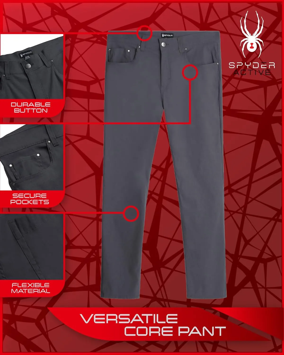 Spyder Mens Golf Pants - Lightweight Stretch Nylon Quick Dry Work Dress Pants for Men with UPF 30  and Pockets (Sizes: 30-38)