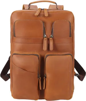 STAR VISTA Angelo 17.3" Vintage Full Grain Leather Laptop Backpack for Men, Multi Pockets, Casual Outdoor Business Travel Rucksack, YKK Zippers, Light Brown