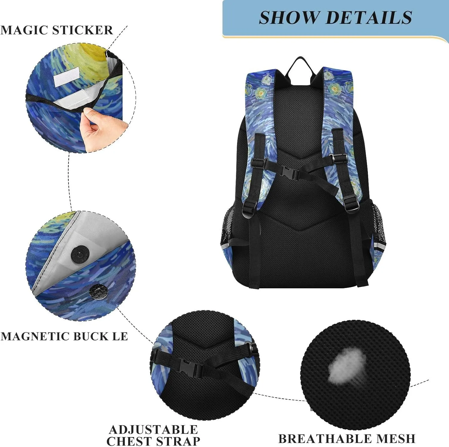 Starry Night Art Backpack for Girls-Boys Middle-School Elementary Bookbags Toddler School Bags Child Lightweight Preschool Large Bookbags