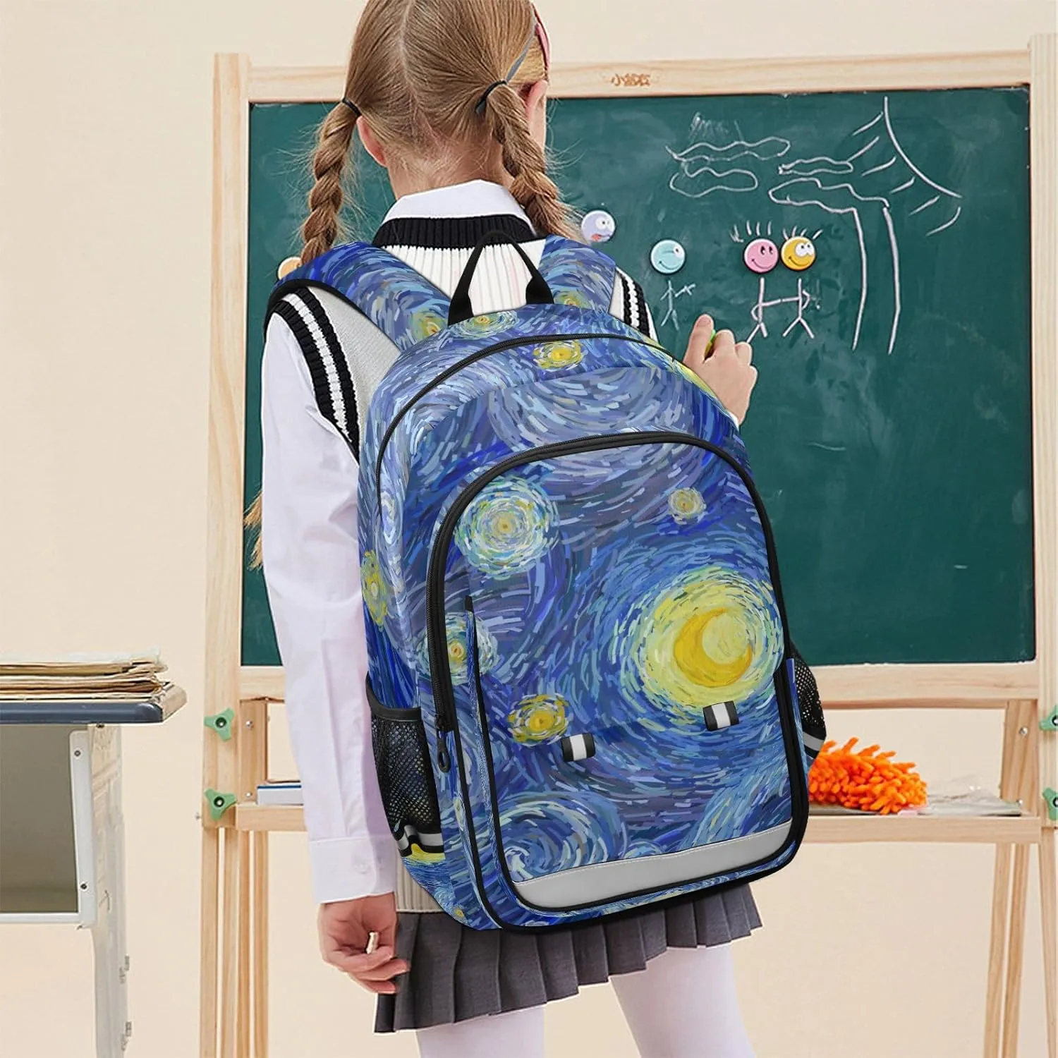 Starry Night Art Backpack for Girls-Boys Middle-School Elementary Bookbags Toddler School Bags Child Lightweight Preschool Large Bookbags