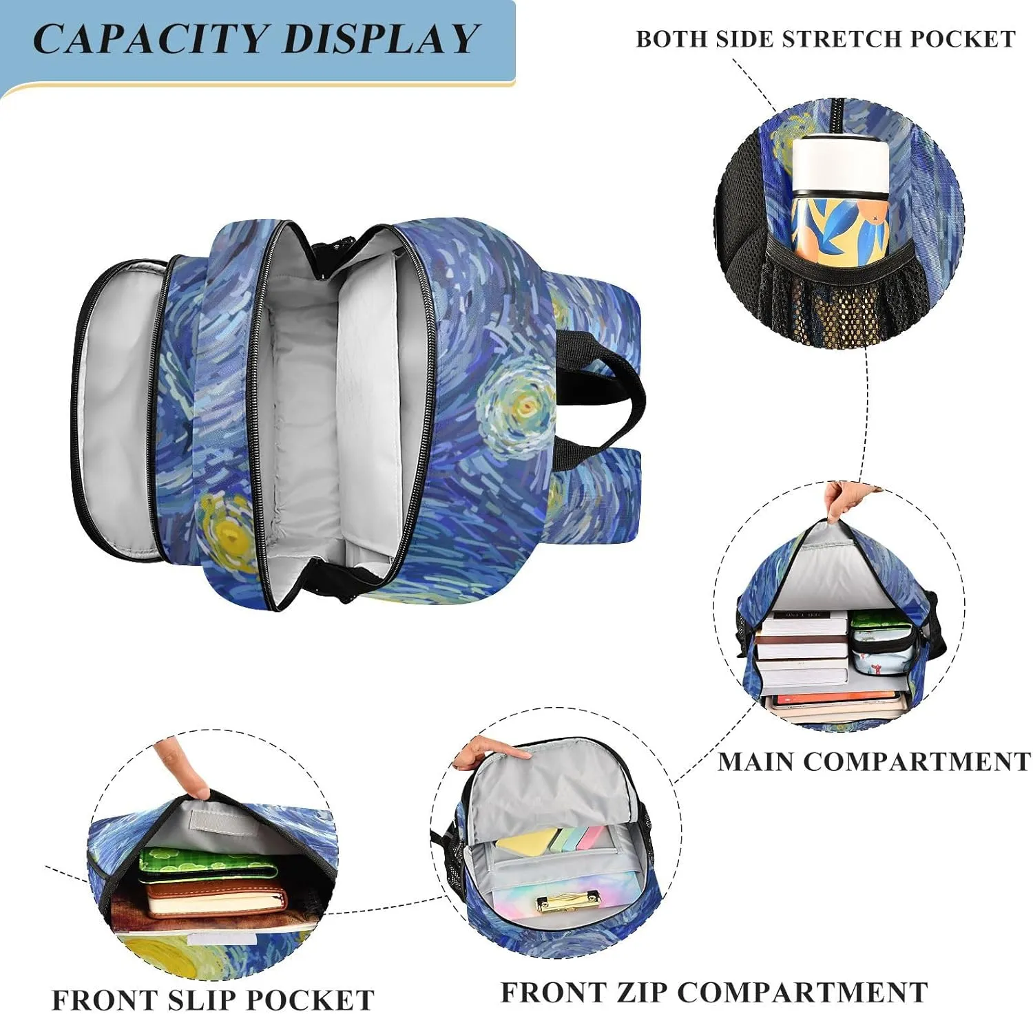Starry Night Art Backpack for Girls-Boys Middle-School Elementary Bookbags Toddler School Bags Child Lightweight Preschool Large Bookbags