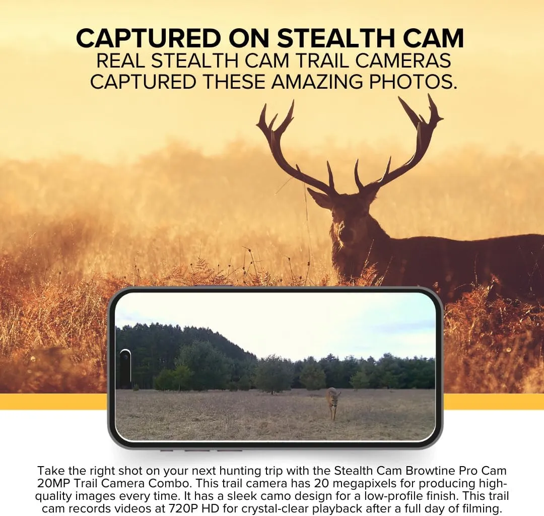 Stealth Cam Browtine 20MP Trail/Game Camera with 720P HD Video, 0.8s Trigger Speed, 60 Feet Flash, Night Mode, and 1-3 Image Burst - Camo (10 Pack)