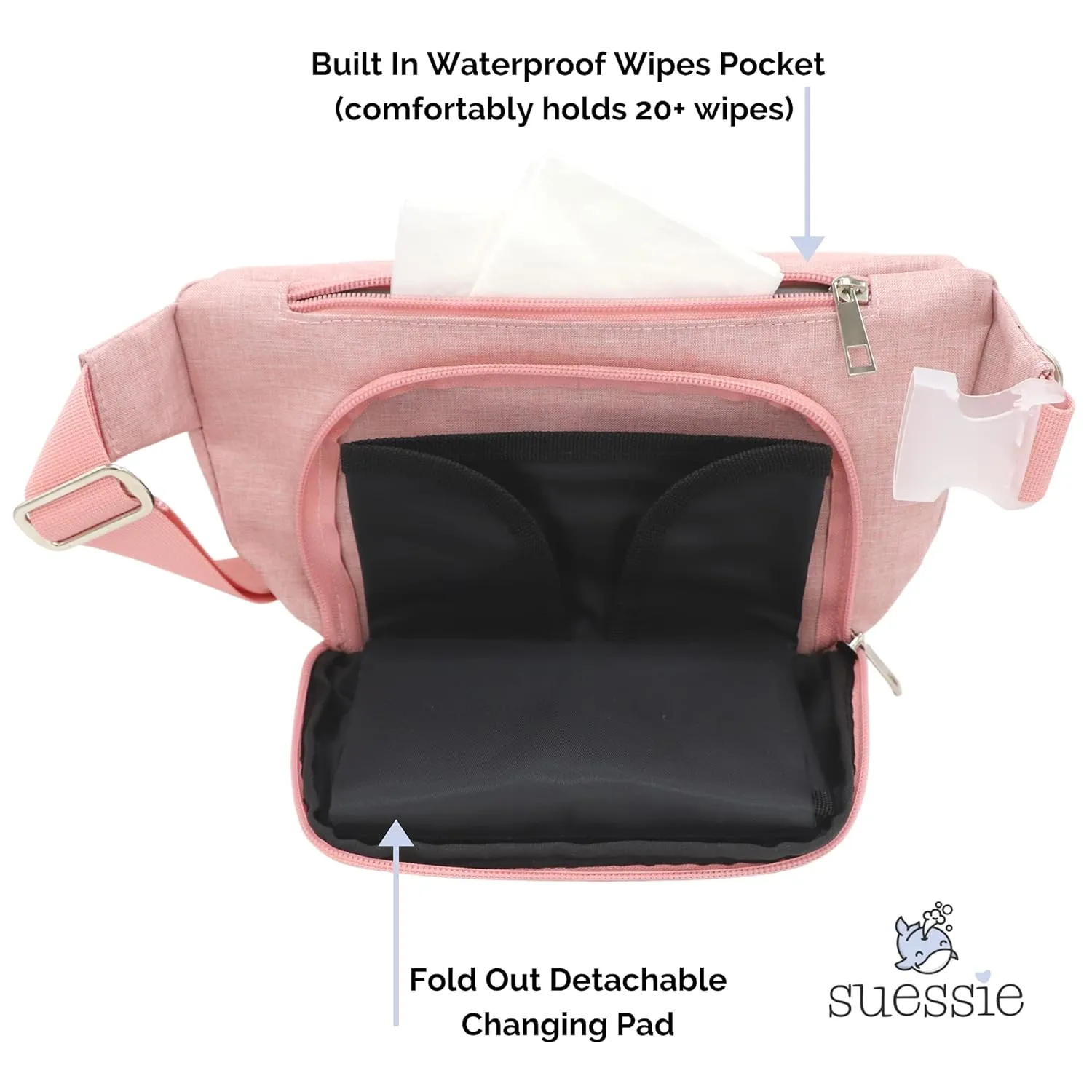 Suessie Fanny Pack Diaper Bag - with Baby Changing Pad & Waterproof Wipes Pocket - Stroller Organizer