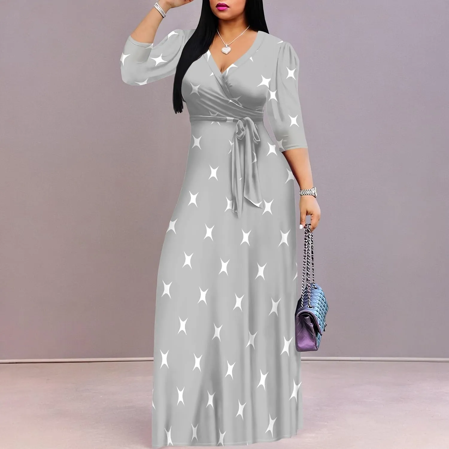 Summer Plus Size Casual Maxi Dress Sexy V Neck 3/4 Sleeve Vacation Wedding Boho Long Dress with Belts XS-3XL