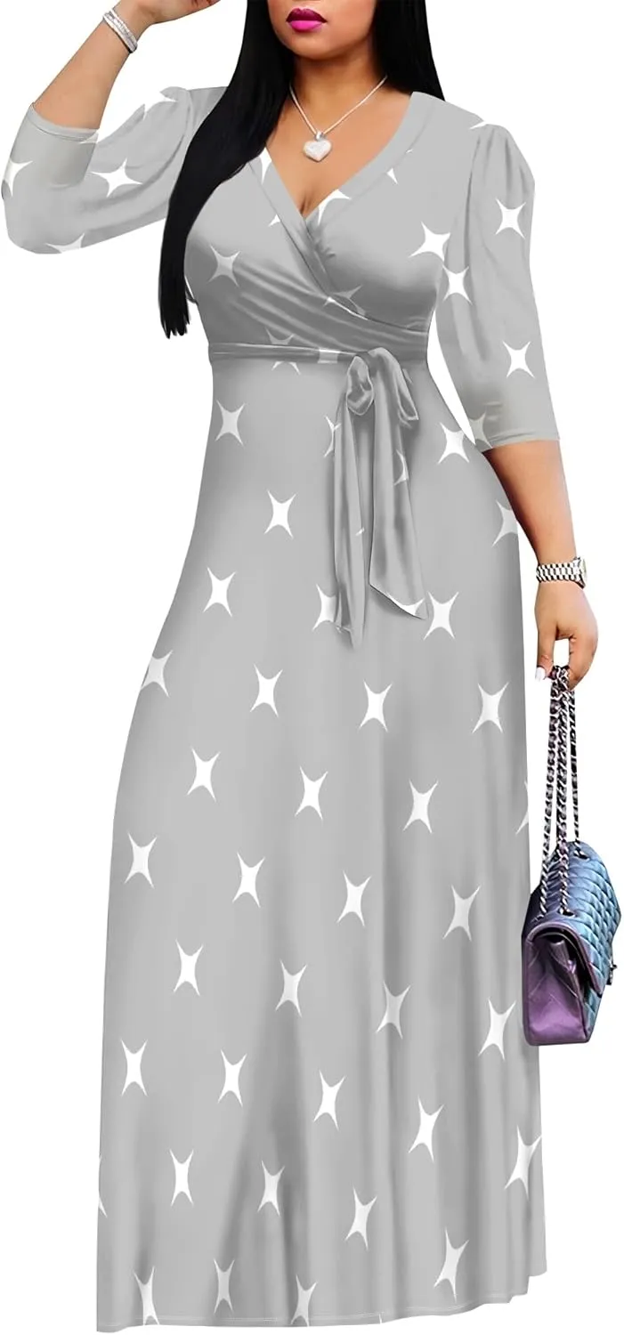 Summer Plus Size Casual Maxi Dress Sexy V Neck 3/4 Sleeve Vacation Wedding Boho Long Dress with Belts XS-3XL