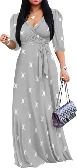 Summer Plus Size Casual Maxi Dress Sexy V Neck 3/4 Sleeve Vacation Wedding Boho Long Dress with Belts XS-3XL