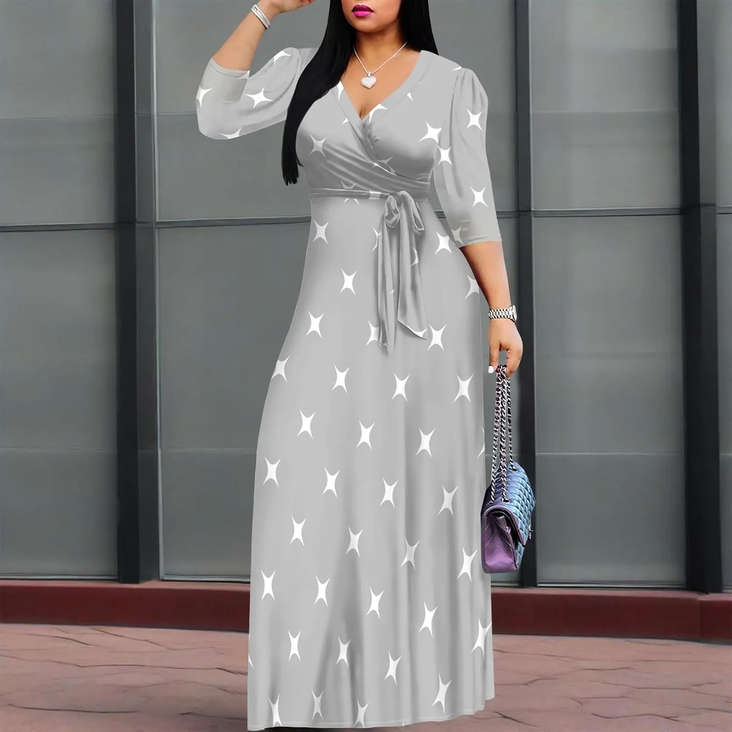 Summer Plus Size Casual Maxi Dress Sexy V Neck 3/4 Sleeve Vacation Wedding Boho Long Dress with Belts XS-3XL