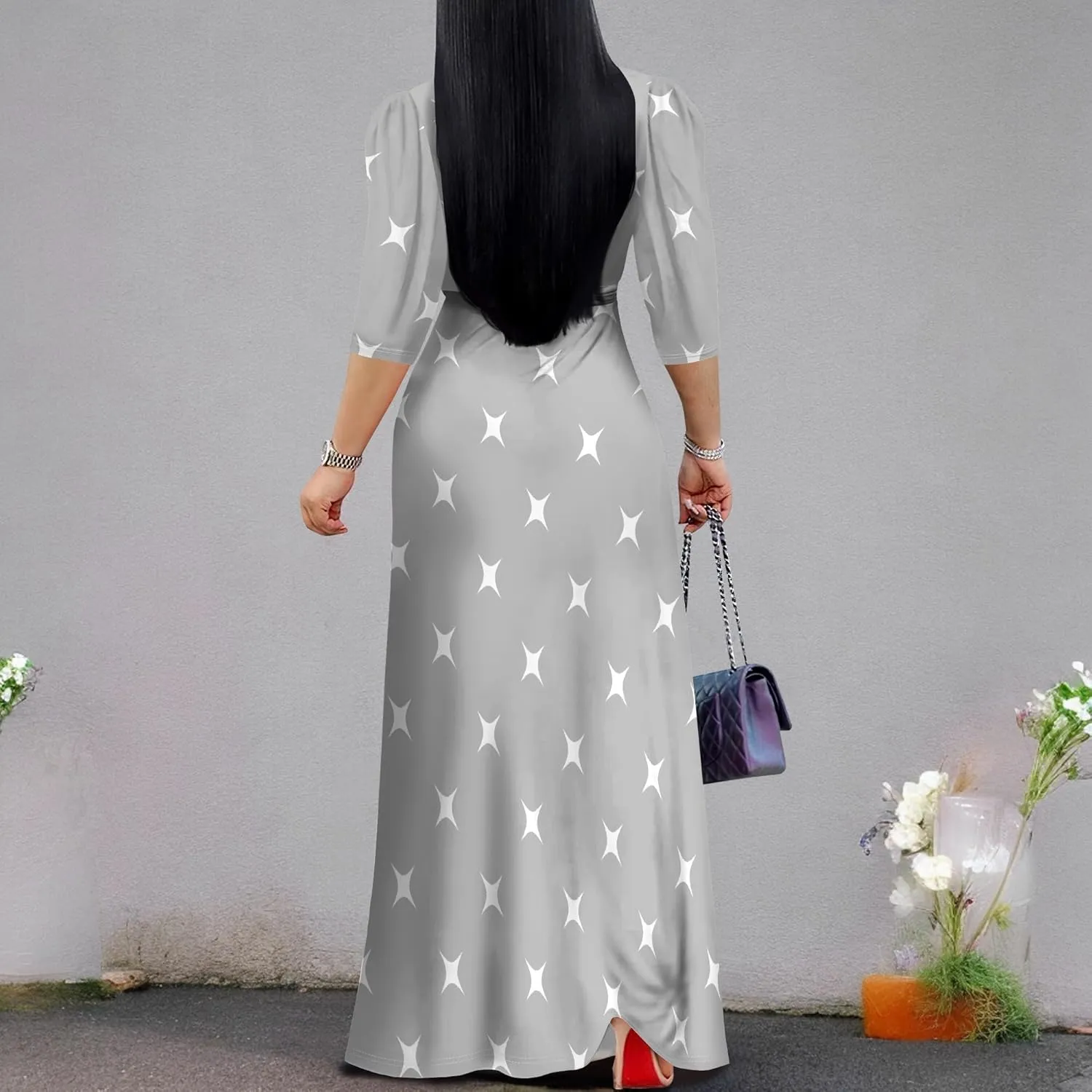 Summer Plus Size Casual Maxi Dress Sexy V Neck 3/4 Sleeve Vacation Wedding Boho Long Dress with Belts XS-3XL