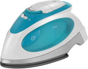 Sunbeam Travel Steam Iron, 1080 Watt, Dual Voltage 120/240, Compact Size, Portable, Non-Stick Soleplate, Soft Touch Handle, Horizontal or Vertical Use, Travel Bag, White and Teal