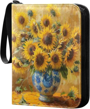 Sunflowers Painting Card Binder 4-Pocket, 400 Pockets Card Holder with 50 Removable Sleeves and Zipper for Games Baseball Football Sports Card
