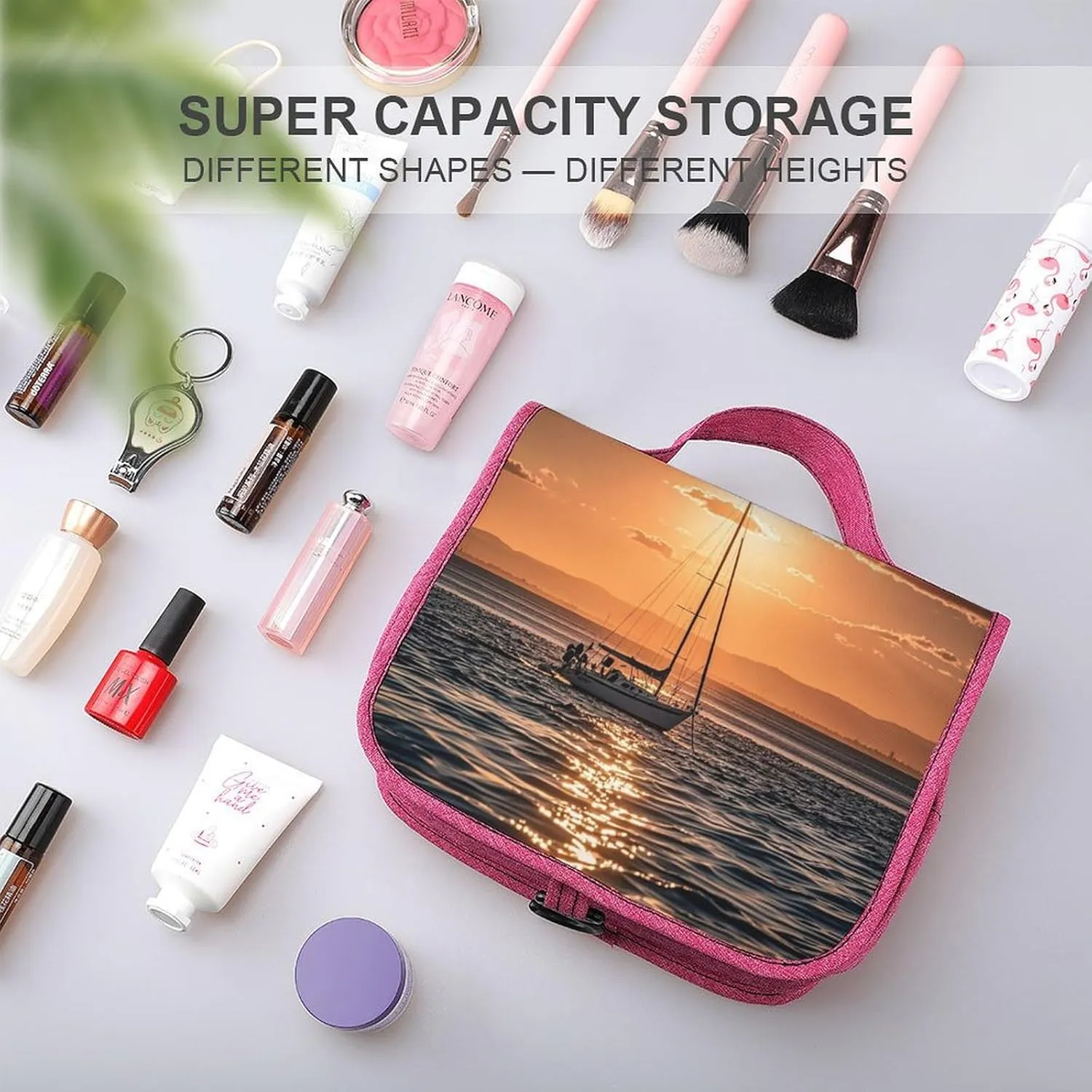 Sunset Seascape Sailboat Floating Travel Toiletry Bag for Women,Hanging Toiletry Organizer with Hook, Makeup Bag Travel Organizer for Shampoo,Toiletriesl