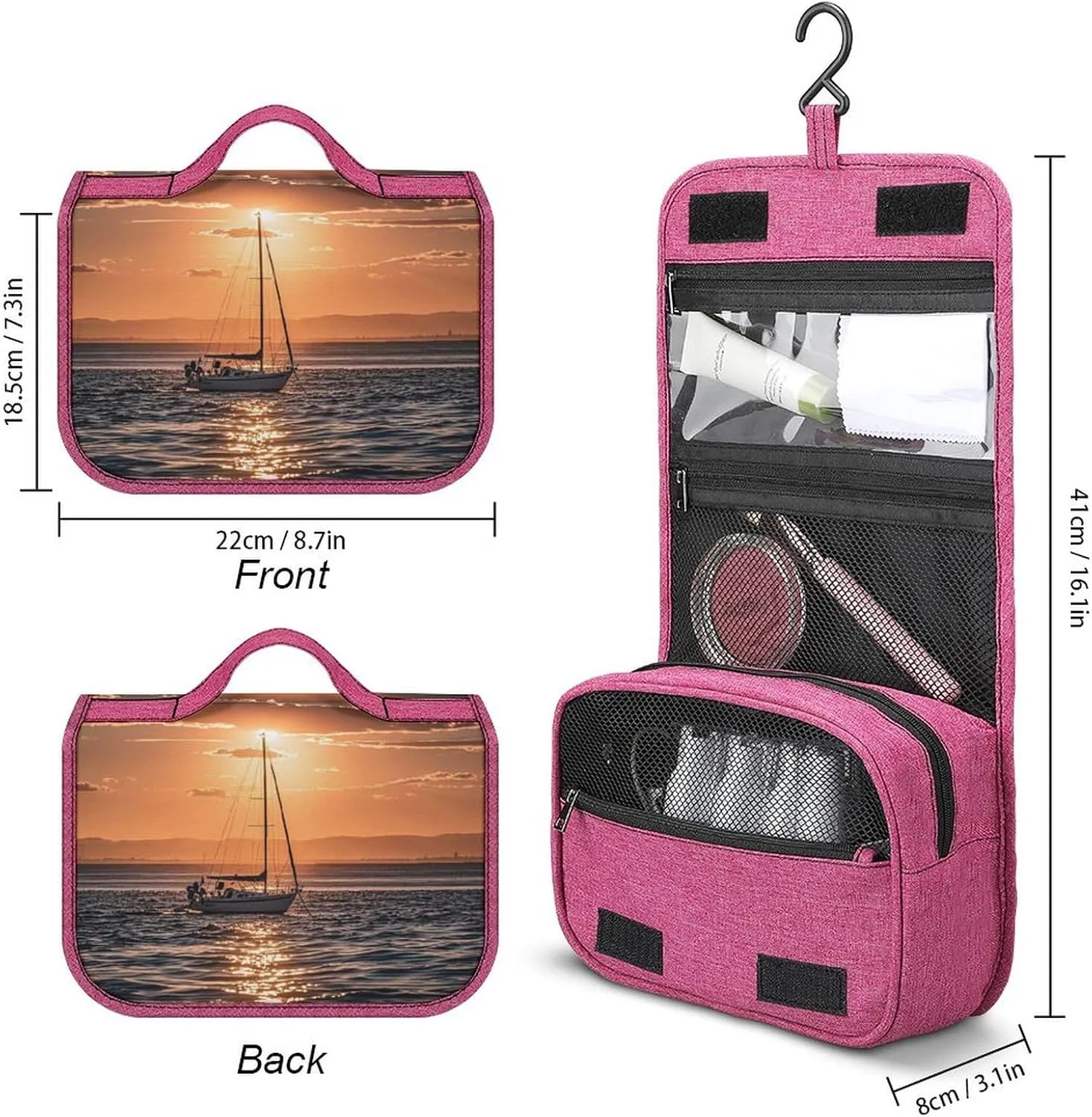 Sunset Seascape Sailboat Floating Travel Toiletry Bag for Women,Hanging Toiletry Organizer with Hook, Makeup Bag Travel Organizer for Shampoo,Toiletriesl