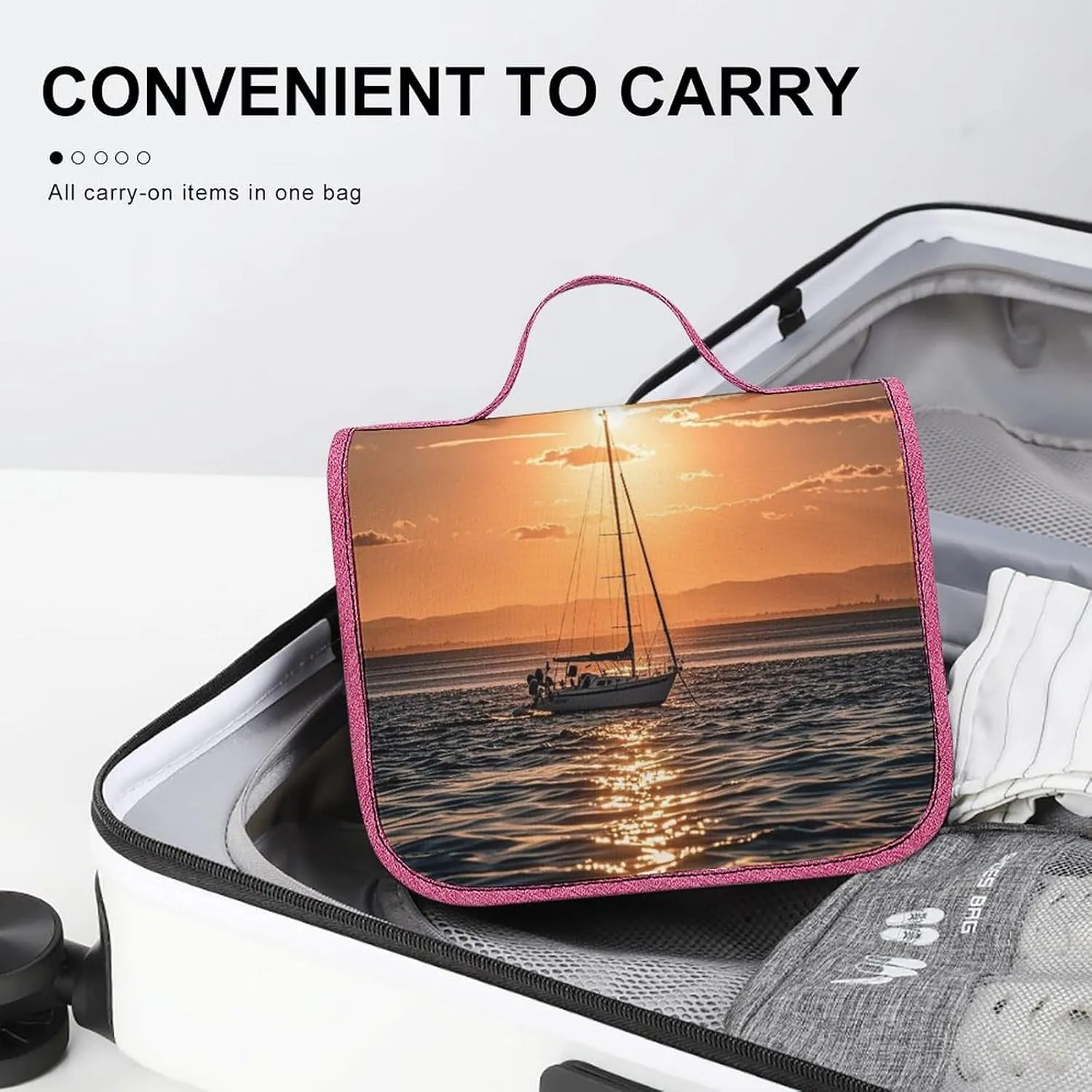 Sunset Seascape Sailboat Floating Travel Toiletry Bag for Women,Hanging Toiletry Organizer with Hook, Makeup Bag Travel Organizer for Shampoo,Toiletriesl