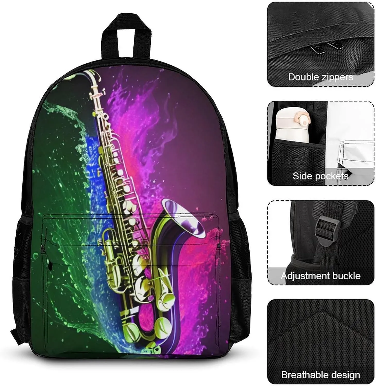 Supdreamc 3 Pcs Rucksack Saxophone In Fire And Water Art Traveling & Camping Backpack Sets - Large Capacity Multipurpose Anti-Theft Bookbag for Men Women, One Size