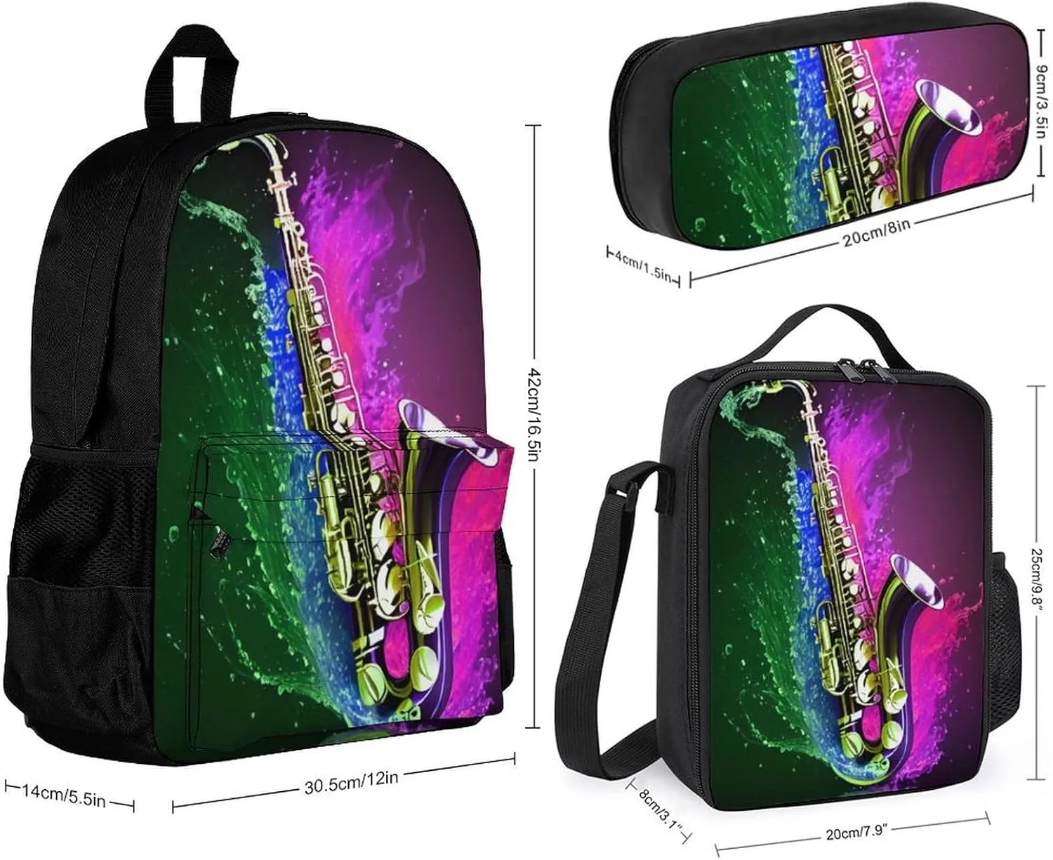 Supdreamc 3 Pcs Rucksack Saxophone In Fire And Water Art Traveling & Camping Backpack Sets - Large Capacity Multipurpose Anti-Theft Bookbag for Men Women, One Size