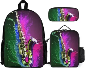 Supdreamc 3 Pcs Rucksack Saxophone In Fire And Water Art Traveling & Camping Backpack Sets - Large Capacity Multipurpose Anti-Theft Bookbag for Men Women, One Size