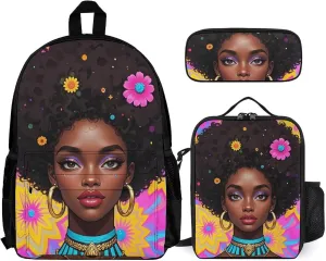Supdreamc 3 Piece Backpack Sets Chic Cartoon Woman African American Black Woman Art Travel Hiking Bag & Day Pack - Multipurpose Shoulder Bag Lunch Bag Pencil Case for College Men and Women