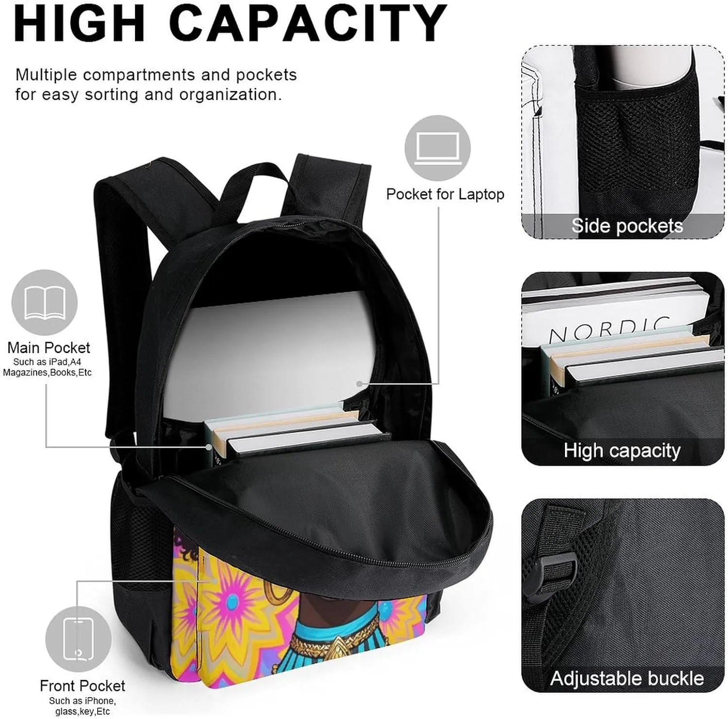 Supdreamc 3 Piece Backpack Sets Chic Cartoon Woman African American Black Woman Art Travel Hiking Bag & Day Pack - Multipurpose Shoulder Bag Lunch Bag Pencil Case for College Men and Women