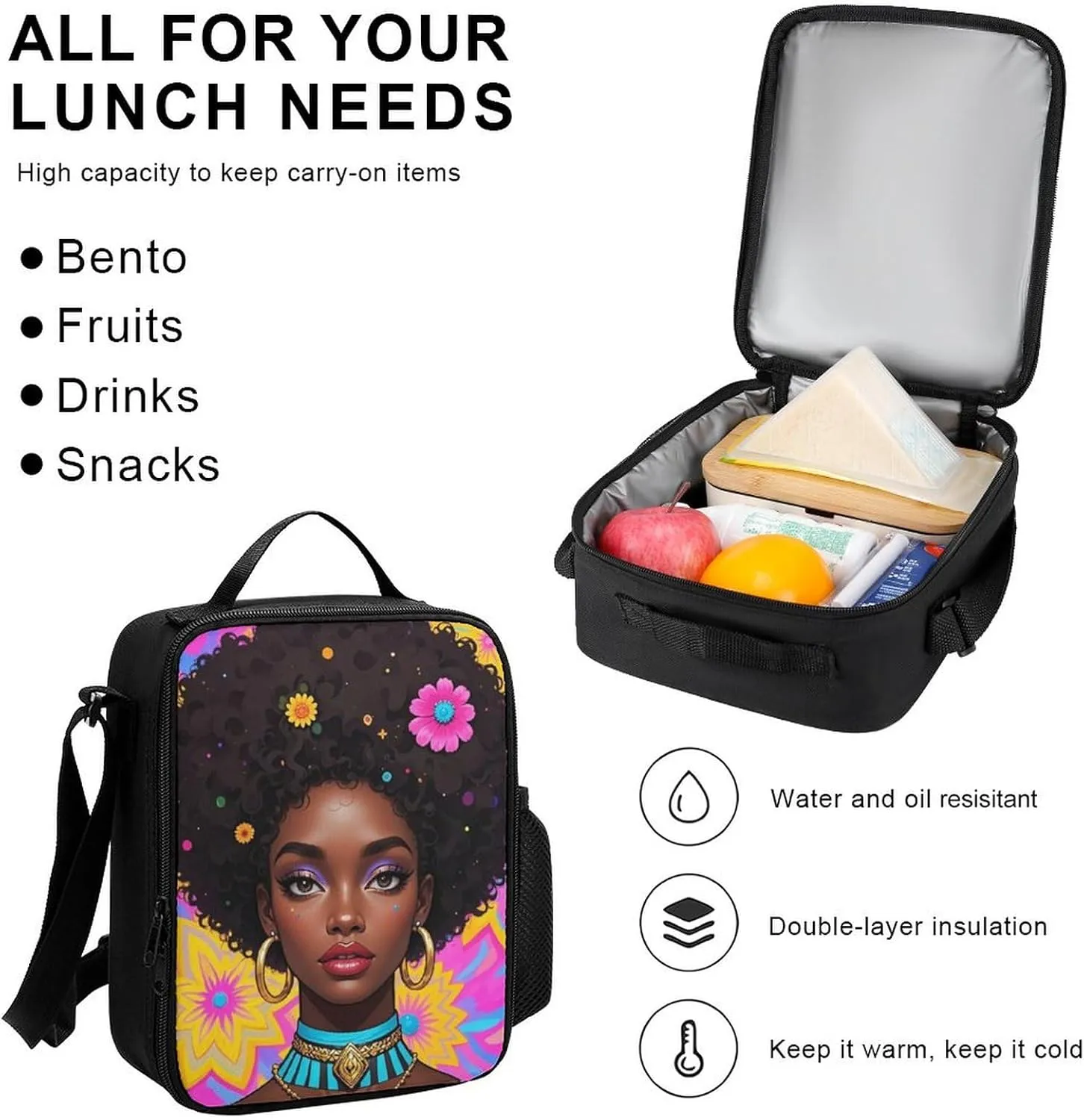 Supdreamc 3 Piece Backpack Sets Chic Cartoon Woman African American Black Woman Art Travel Hiking Bag & Day Pack - Multipurpose Shoulder Bag Lunch Bag Pencil Case for College Men and Women