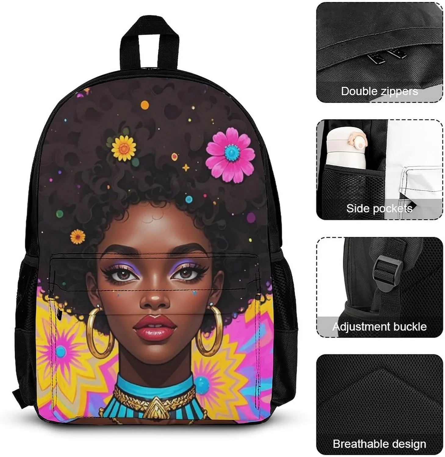 Supdreamc 3 Piece Backpack Sets Chic Cartoon Woman African American Black Woman Art Travel Hiking Bag & Day Pack - Multipurpose Shoulder Bag Lunch Bag Pencil Case for College Men and Women