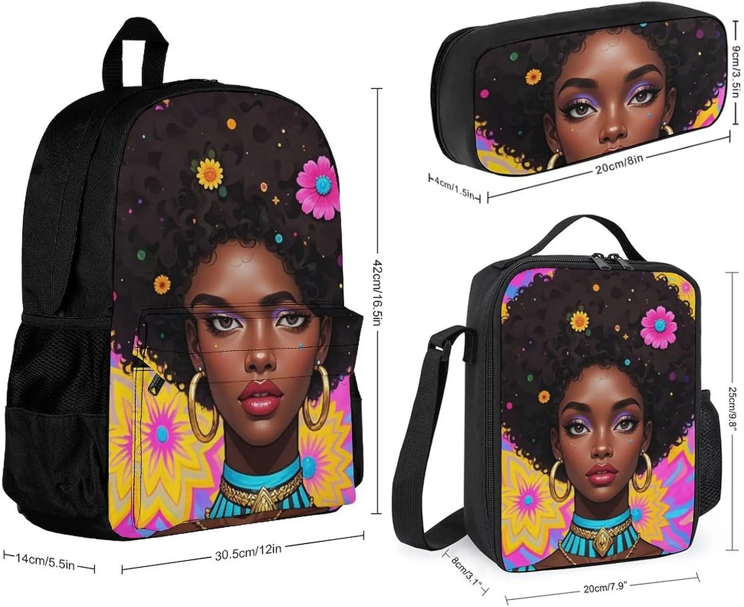 Supdreamc 3 Piece Backpack Sets Chic Cartoon Woman African American Black Woman Art Travel Hiking Bag & Day Pack - Multipurpose Shoulder Bag Lunch Bag Pencil Case for College Men and Women