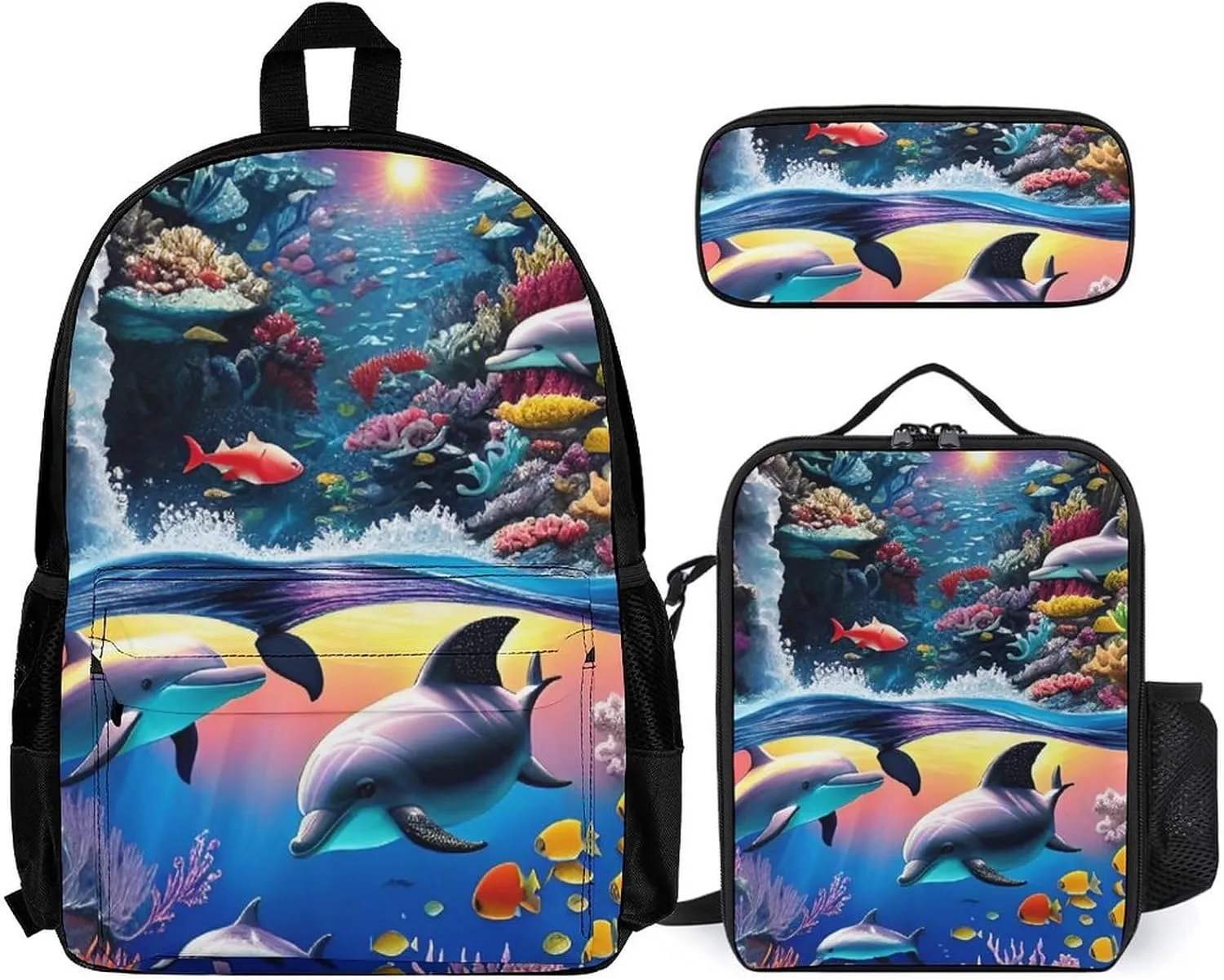 Supdreamc 3 Piece Backpack Sets, Magical Underwater World Of Dolphins And Fish Art Carry On Bag Lunch Bag Pencil Case, College Bookbag, Travel Hiking Daypack Computer Bag, One Size