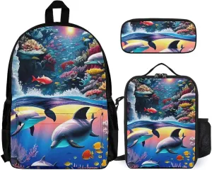 Supdreamc 3 Piece Backpack Sets, Magical Underwater World Of Dolphins And Fish Art Carry On Bag Lunch Bag Pencil Case, College Bookbag, Travel Hiking Daypack Computer Bag, One Size
